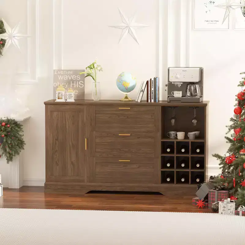 63 Farmhouse Sideboard Buffet, Coffee Bar with Adjustable Shelves & Wine Racks for Kitchen
