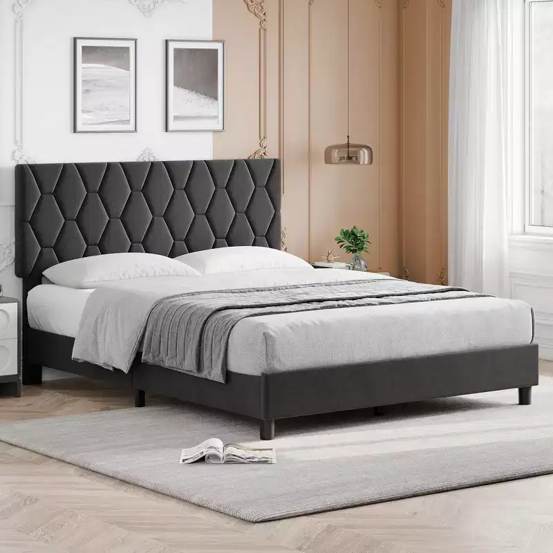 Full Size Bed Frame , Upholstered Platform Bed with Headboard and Soft Fabric, Mattress Foundation,No Box Spring Needed,Easy Assembly