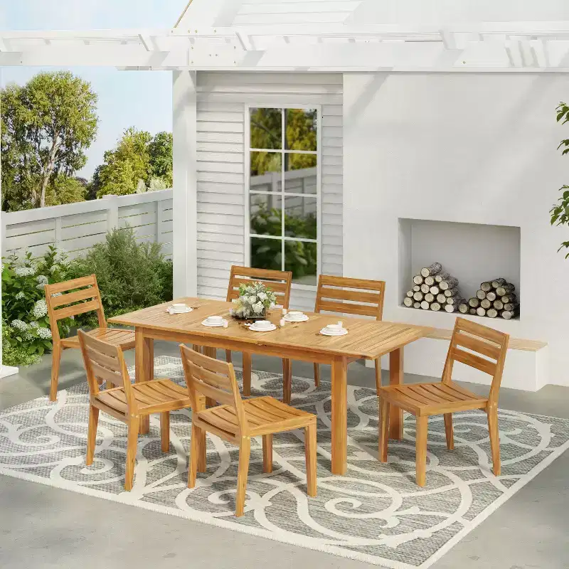 Christopher Knight Home Orchid 7 Pieces Outdoor Acacia Wood Expandable Dining Set with Umbrella Hole, Teak