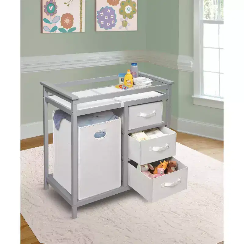 Nursery Changing Table with Three Storage Baskets and Large Hamper