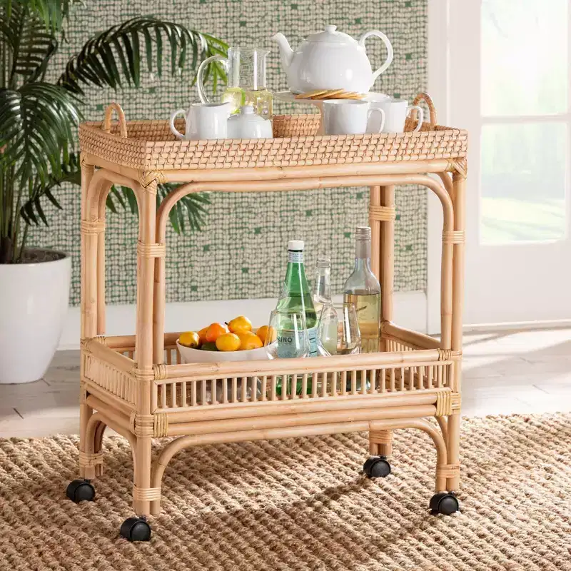 Rattan Wine Cart in Natural Brown – Indoor Bar Cart, No Assembly Required