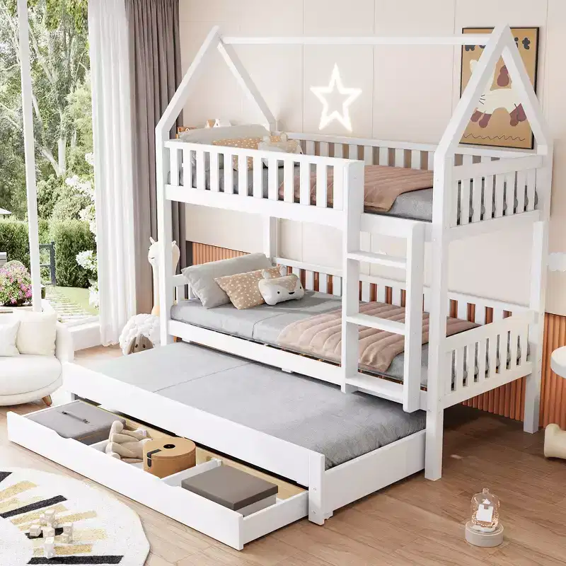 Twin over Twin House Bunk Bed with Fence, Trundle & 3 Storage Drawers – White
