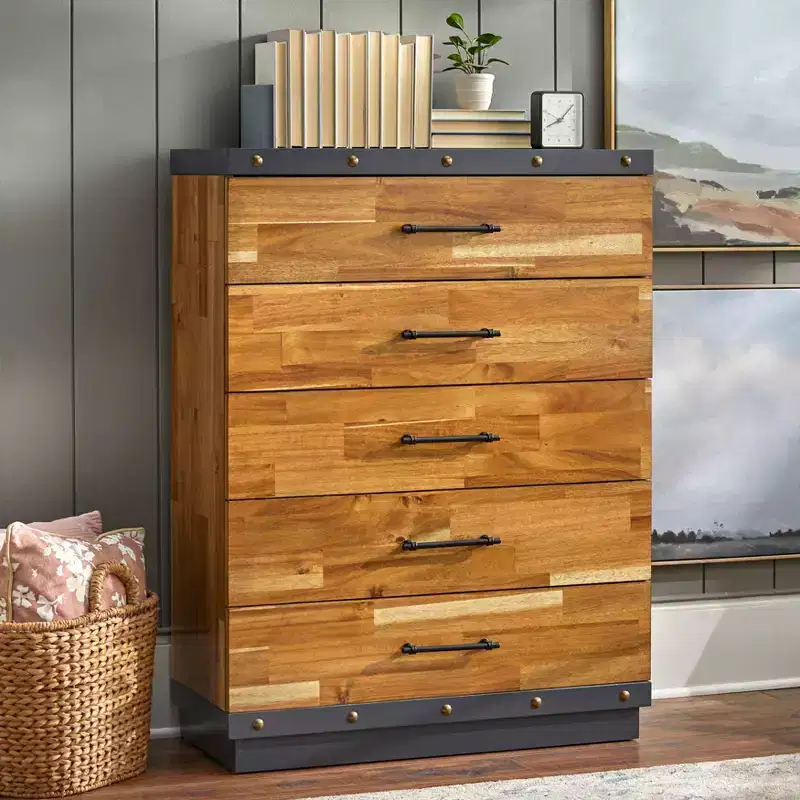 5 Drawer Chest Brown - Modern Farmhouse Style, Solid Rubberwood, Acacia Veneer, 47.25" Height