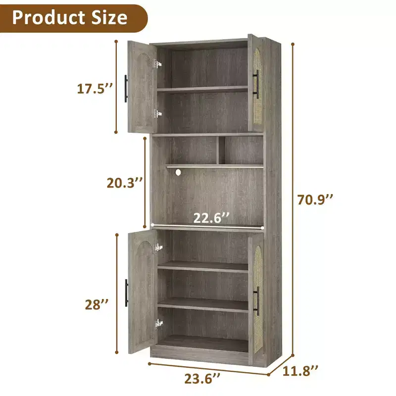 Rattan Kitchen Pantry, Farmhouse Storage Cabinet with with Rattan Doors & Open Shelves for Living Room, Kitchen