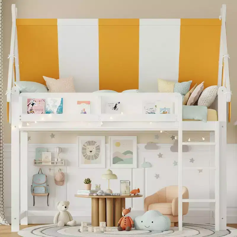 Polibi Canopy Loft Bed with LED String Lights & Front Bookshelf