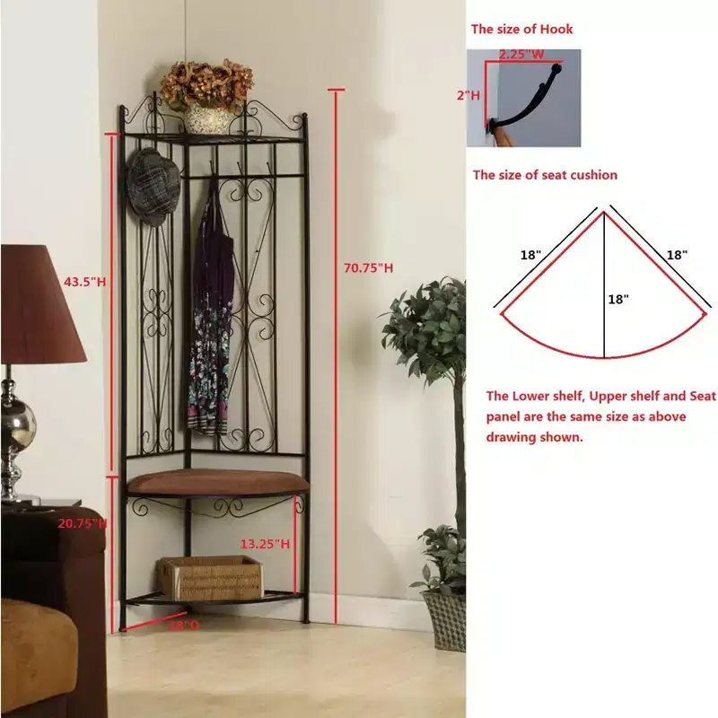 Corner Entryway Hallway Rack with Bench & 6 Hooks, Black