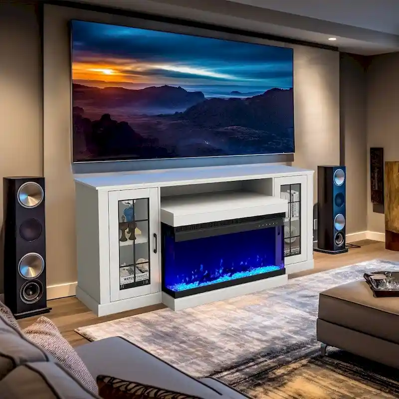 Adjustable Glass Shelves Entertainment Center with Electric Fireplace in Fireplace TV Stand