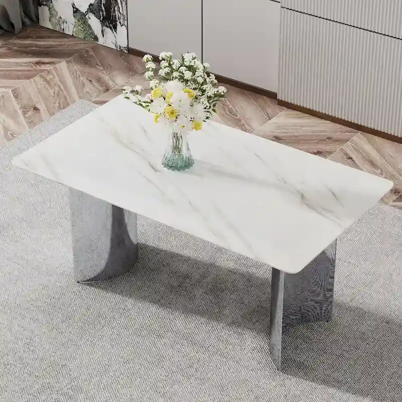 Modern minimalist dining table. White imitation marble glass sticker desktop