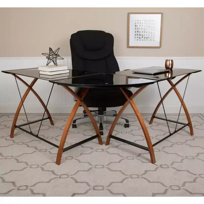 Emma and Oliver Glass L-Shape Corner Computer Desk with Pull-Out Keyboard Tray