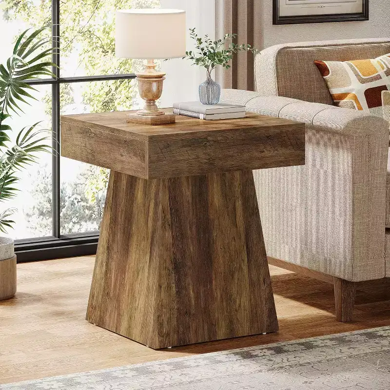 Small End Table, Rustic Square Side Table with Wide Base, Farmhouse Nightstand Beside Bed, Next to Armchair