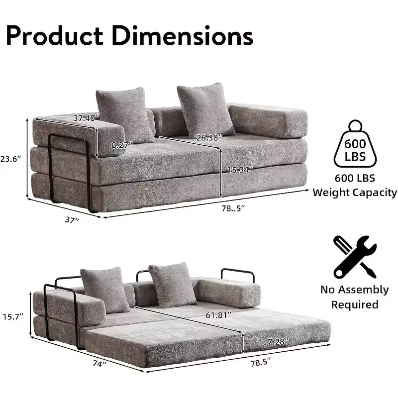MooxvMoo Floor Sofa Bed Convertible, Corduroy Futon Couch with Pillow, Sleeper for Living Room Bedroom, Light Grey