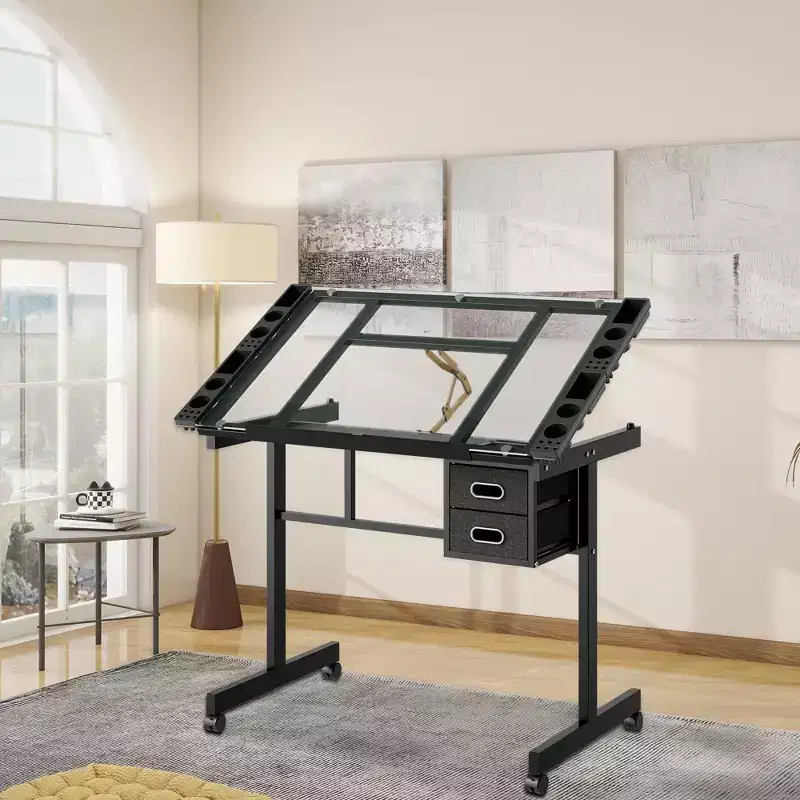 Modern Metal Adjustable Drafting Desk with Tempered Glass, 2 Fabric Drawers and 4 Wheels