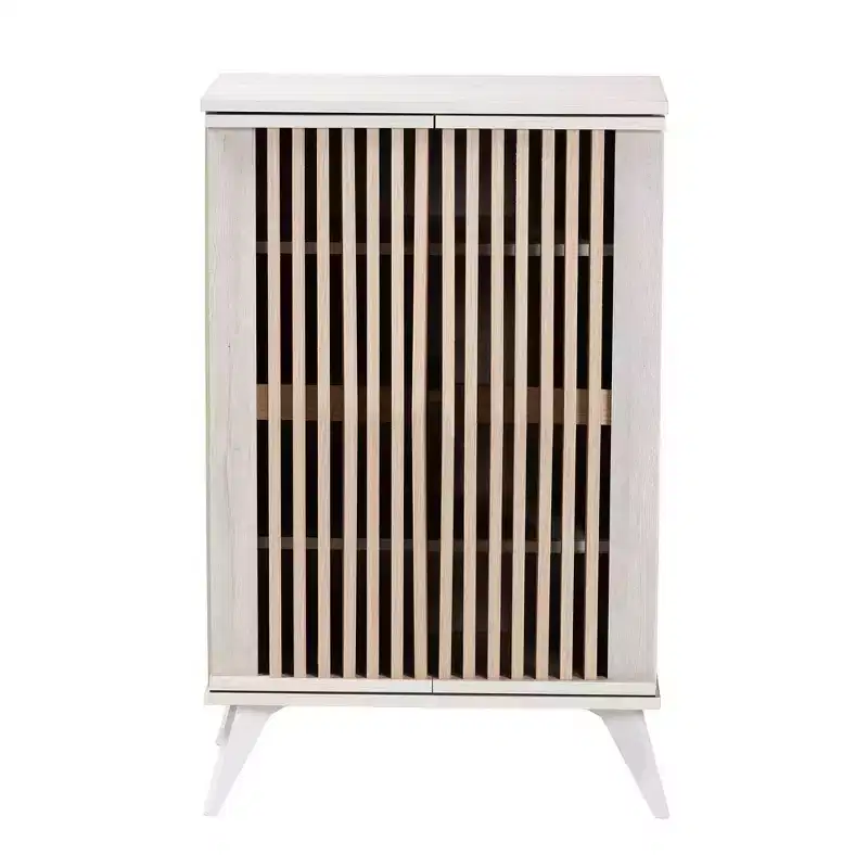 Simona Wood 2 Door Storage Cabinet: Mid-Century Design, 4 Shelves, Angled Legs