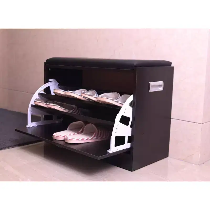Basicwise Shoe Storage Bench with Leather Cushion  Classic Black Wooden Entryway, Fold-Out Hidden Double Shoe Rack, Easy Assembly, Comfortable Seat