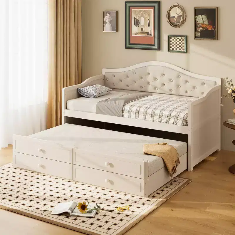 Whisen Twin Size Daybed Frame, Wooden Sofa Bed with Trundle, Button Tufted Backrest, 2 Storage Drawers