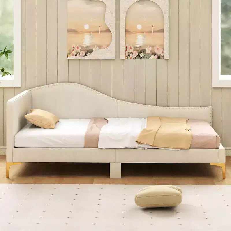 Twin/Full Size Upholstered Daybed, Rivet-Tufted Platform Bed with Metal Legs