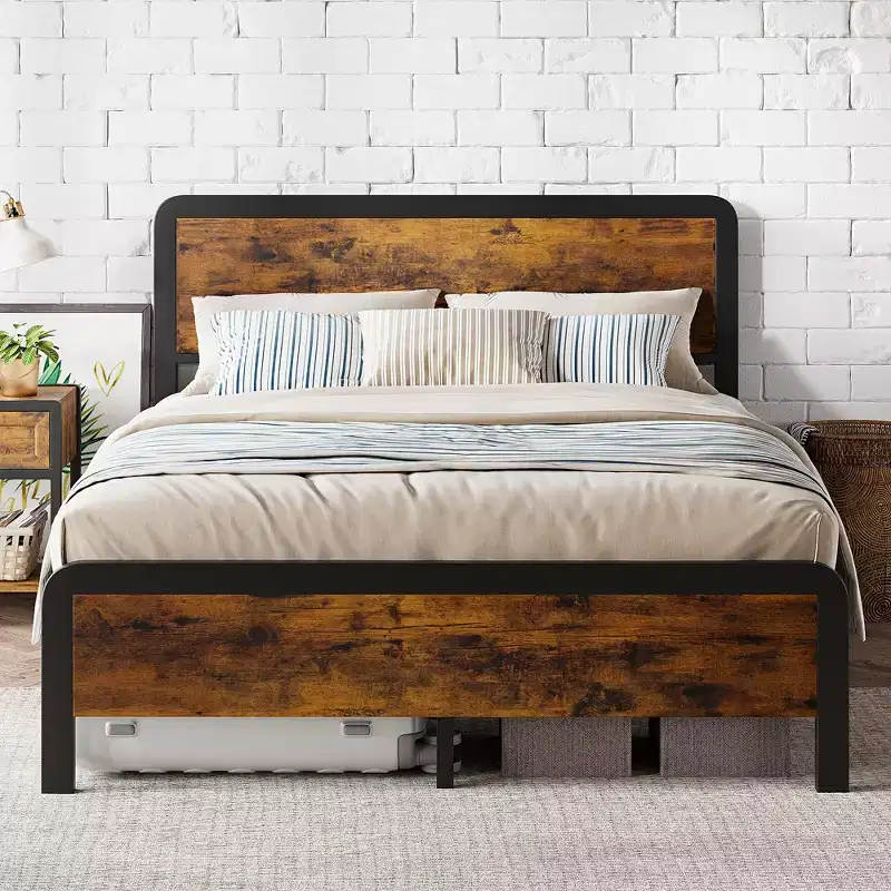 Queen Size Bed Frame with Wood Headboard, Metal Platform Frame with Under Bed Storage, Metal Slats Support, No Box Spring Needed, Noise-Free