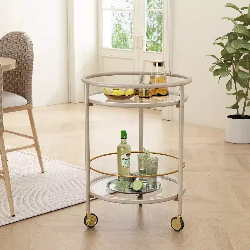 Christopher Knight Home Vincent Modern Round Bar Cart with Tempered Glass Shelves and 4 Casters