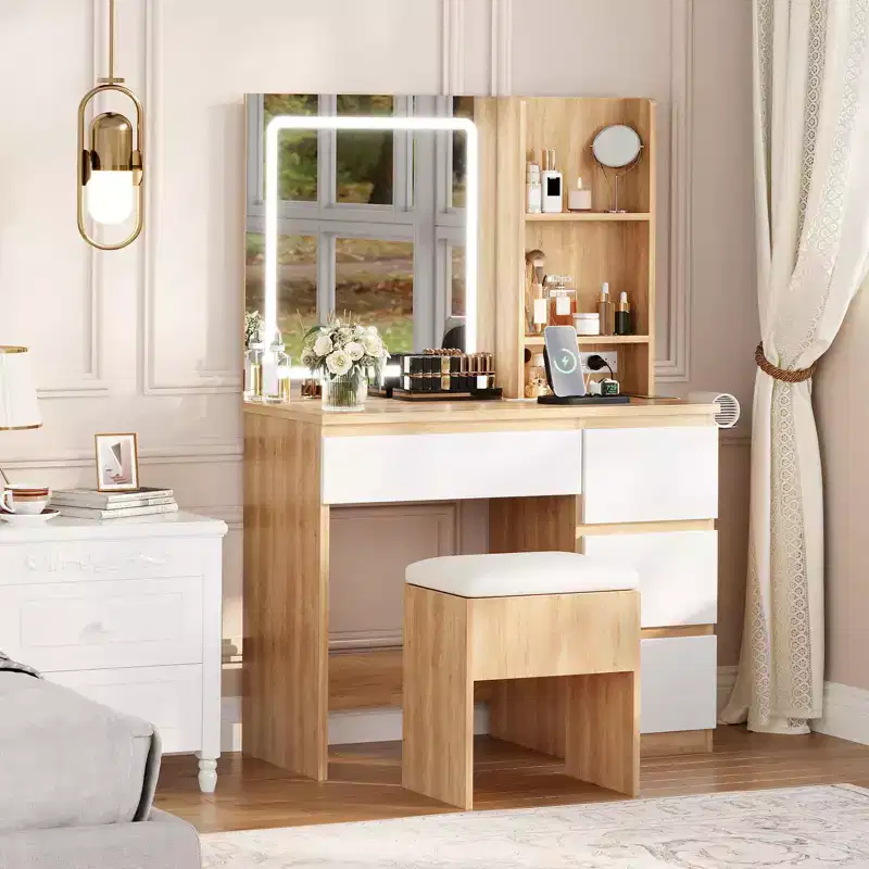 anity Desk with Mirror and LED Light, Vanity Desk with 4 Drawers, Power Outlet, Storage Stool, Storage Shelves & Hair Dryer Holder