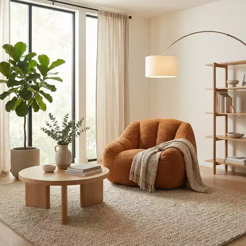 FurnitureR Soft Teddy Fabric Lounge Chair, Plush Accent Armchair with Rounded Shape for Living Room, Bedroom or Reading Corner
