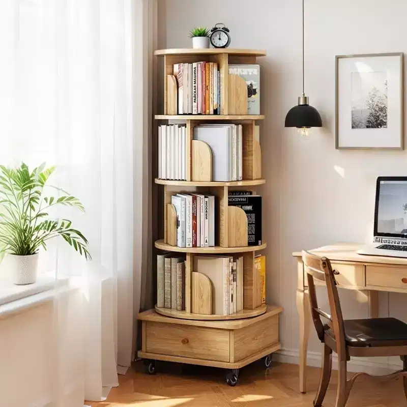 5 Tier 360 Rotating Bookshelf , Wood Color Sturdy Structure, Space-Saving for Small Corners, for Bedroom/Living Room/Study/Home Office