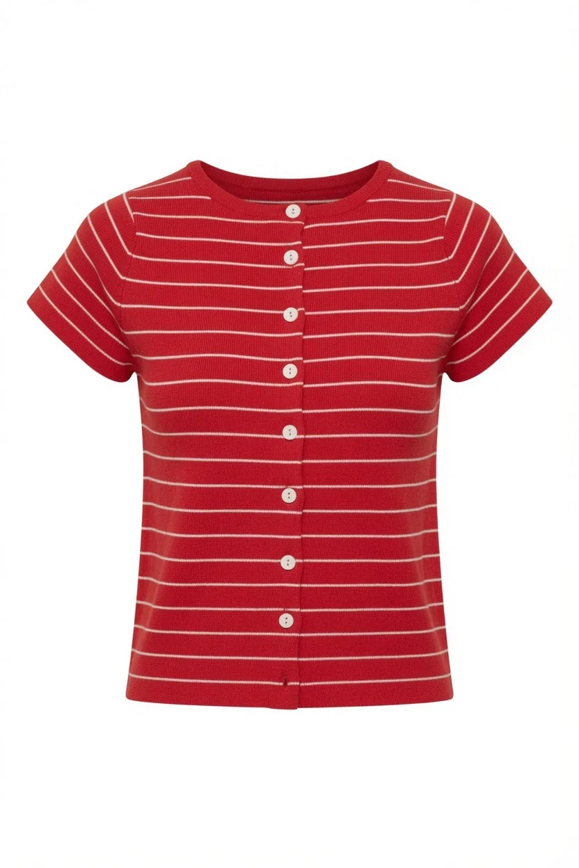 Stripe Button Front Fitted Capped Sleeve Top