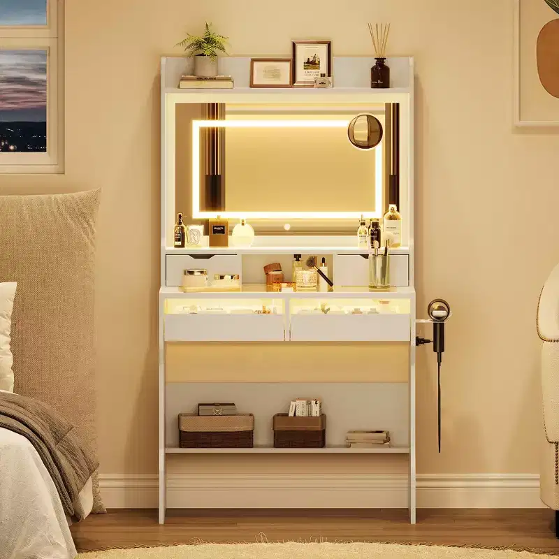 Dresser with Mirror Wooden Dresser - White Modern Vanity with LED Mirror, Power Outlet, 3 Lighting Modes, 4 Storage Drawers for Bedroom