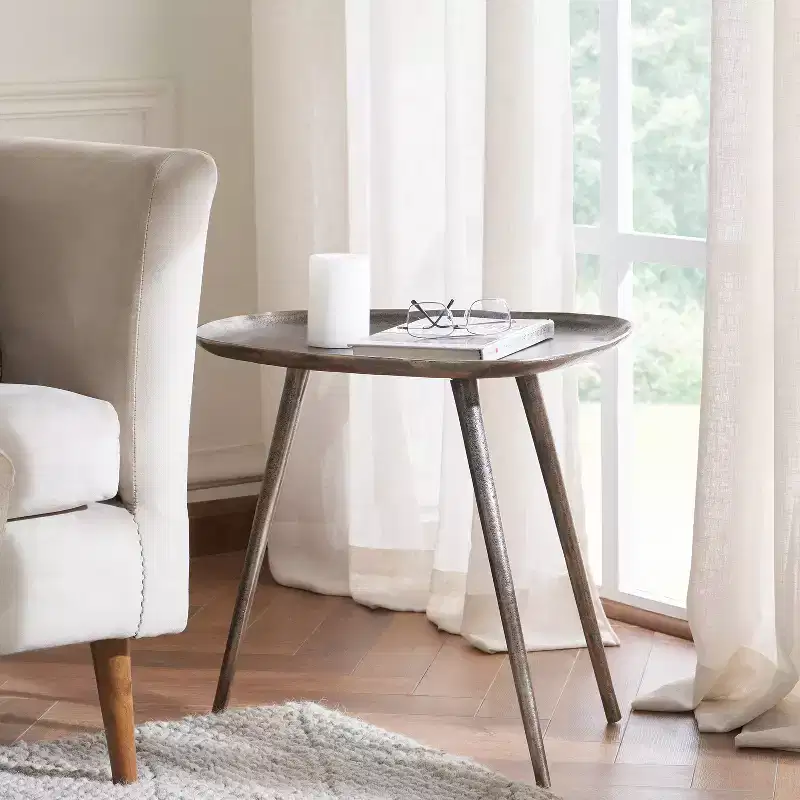 HomeStock Belmont Metal End Table with Rounded Triangular Shape and Three Legs, Handcrafted Aluminum Side Table with Rustic Modern Finish