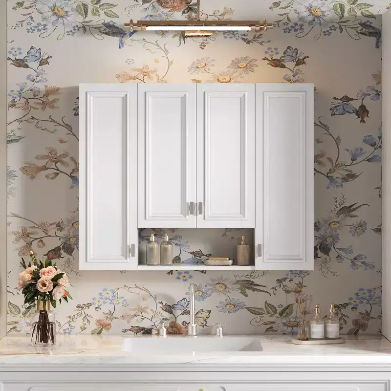 Bathroom Vanity Modern with 5 Adjustable Shelves, Wall-Mounted Medicine Cabinet, Soft-Close Hinges, and Open Shelf Design,White