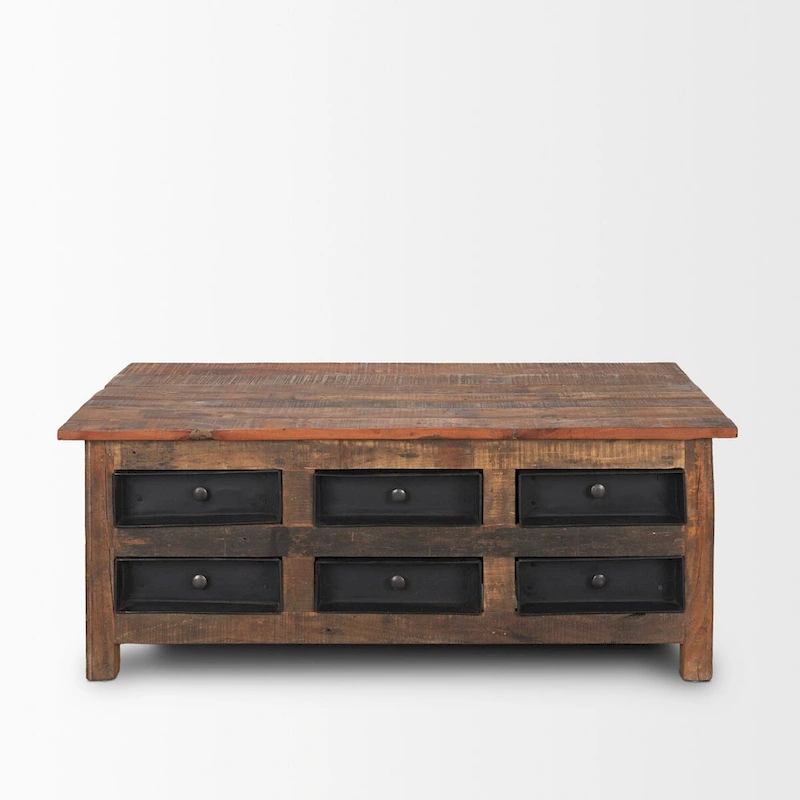 Wilton Brown Wood w/ 12 Black Metal Drawers Coffee Table