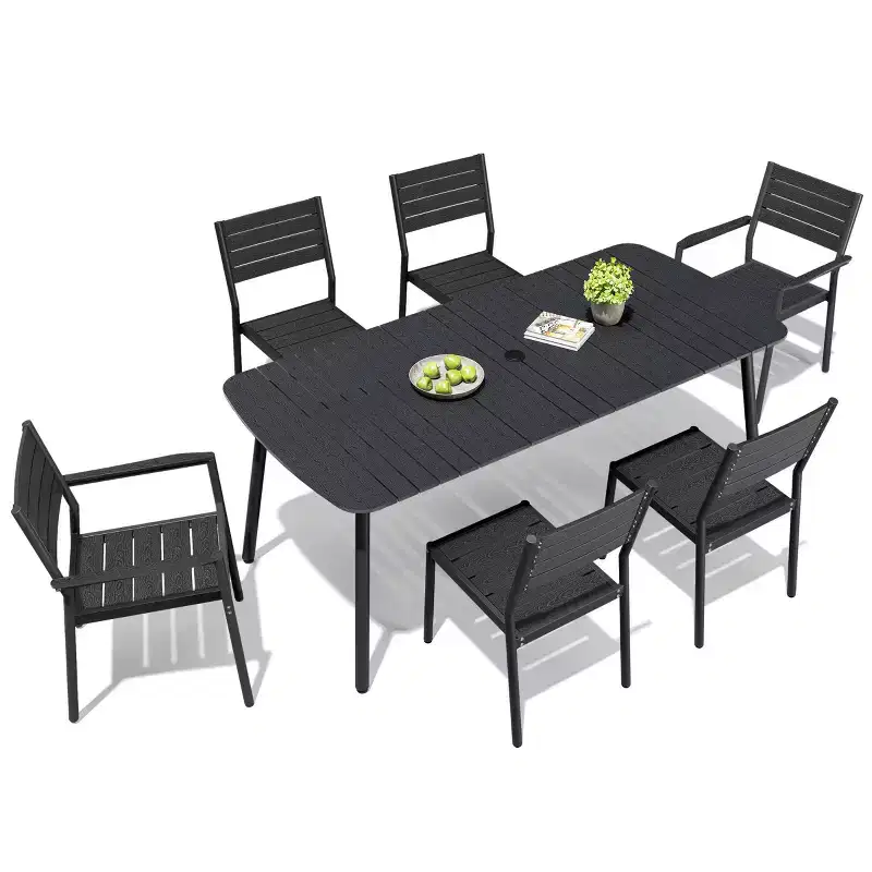 Crestlive Products 7pc Aluminum Patio Dinning Set 70.9in Table and 6 Chairs Plastic Wood Top with Umbrella Hole for Outdoor Pool Lawn