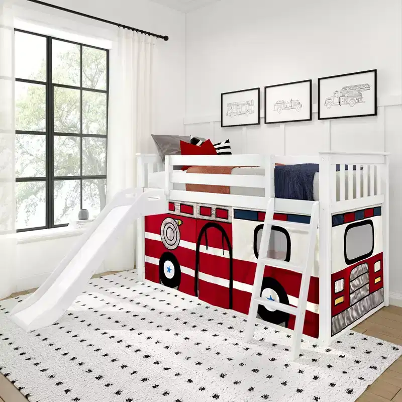 Twin Over Twin Low Bunk With Easy Slide & Firetruck Curtain