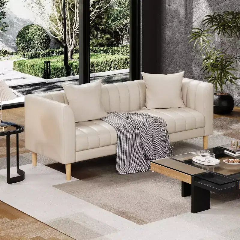 78 W Faux Leather Sofas Couches with 2 Throw Pillows, Mid Century Modern,3 Seater Sofa and Hardwood Legs,Easy Assembly, for Living Room and Bedroom