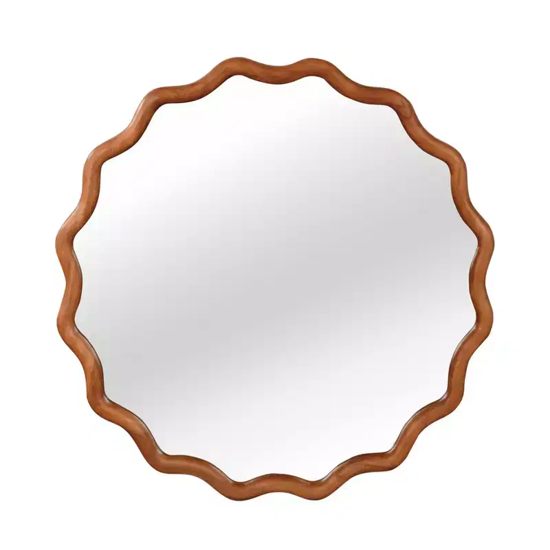 MAYEERTY 30 inched Wood Frame Wavy Round Decorative Mirror for Bedroom Bathroom Living Room Entryway Brown