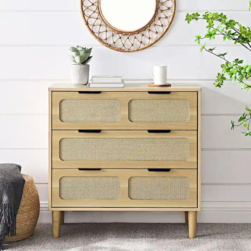 3-Drawer Rattan Dresser with Metal Handles – Walnut / Black, MDF & Solid Wood, Farmhouse Style