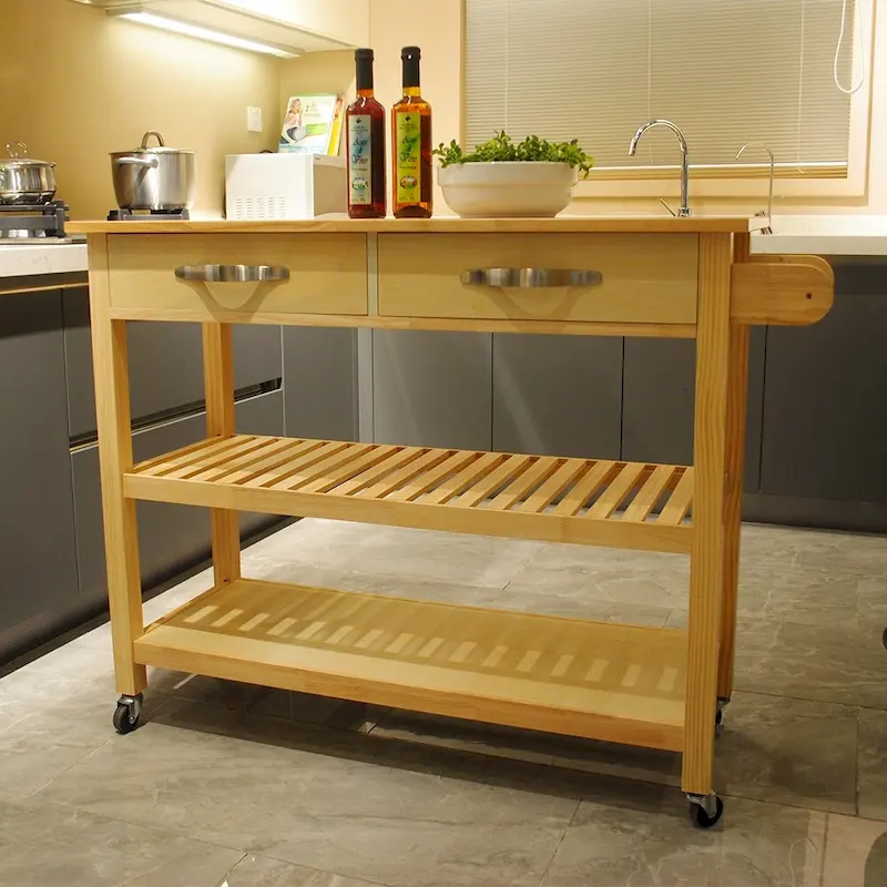 Simple Design Kitchen Island&Cart ,Double Display Shelves and 2 Drawer with Wood Top