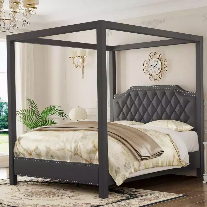 Canopy Bed Frame with 4-Corner Poles & Bracket, Upholstered Headboard, Steel Slats, No Box Spring Needed, Noise Free