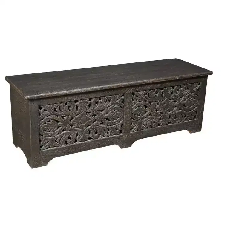 HomeRoots 52 Black Distressed Solid Wood Carved Floral Storage Ottoman