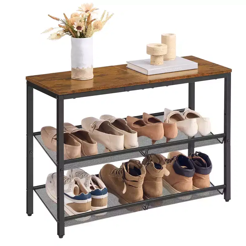 Shoe Rack for Entryway, 3-Tier Shoe Rack Organizer with Storage Shelves, Freestanding, Adjustable, Rustic Brown and Ink Black