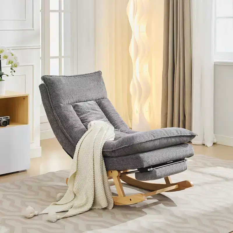 Hyleory Solid Wood Upholstered Rocking Chair with Retractable Hidden Footrest