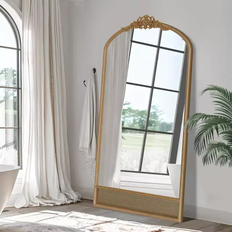37 in. W x 71 in. H Classic Carved Arch Wood Frame with Rattan Bottom Wall Mirror in Brown