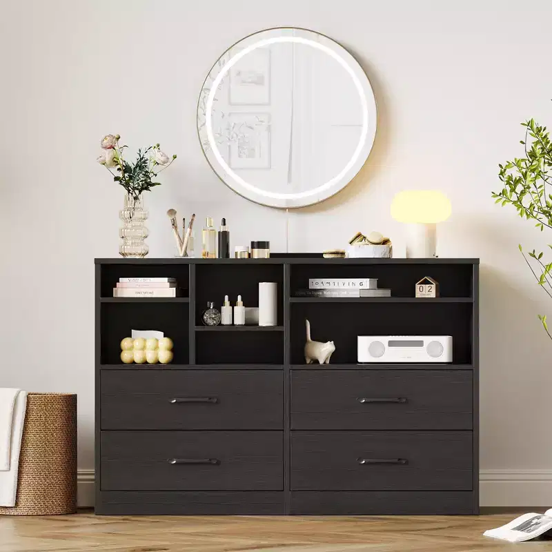 Modern 4-Drawer Dresser with Storage Cubbies, Multi-Functional TV Stand and Organizer for Bedroom and Living Room