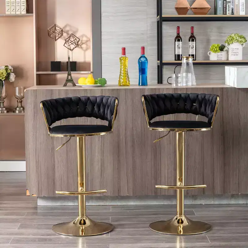 Okak Velvet Bar Stools with Chrome Footrest and Base Set of 2, Swivel Barstools with Adjustable Mechanical Lifting, Counter Height Stools