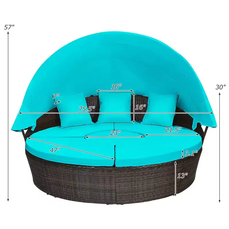 Costway Patio Rattan Daybed Cushioned Sofa Adjustable Table Top Canopy