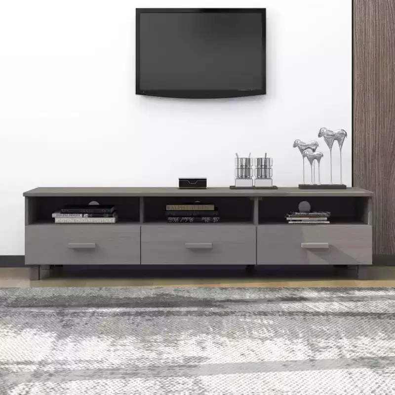 Light Gray Pine TV Stand/Console Sideboard - 62.2 x 15.7 x 15.7 in | Solid Wood, MDF | 3 Drawers, 3 Compartments