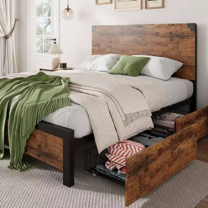 Bed Frame with Storage Drawers - Heavy Duty Metal Platform with Wooden Headboard, No Box Spring Needed, Easy Assembly, Vintage Brown