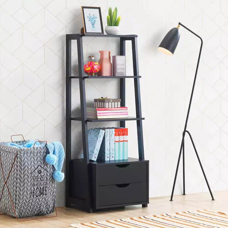 4-Tier Ladder Shelf Bookshelf Bookcase Storage Display Leaning With 2 Drawers