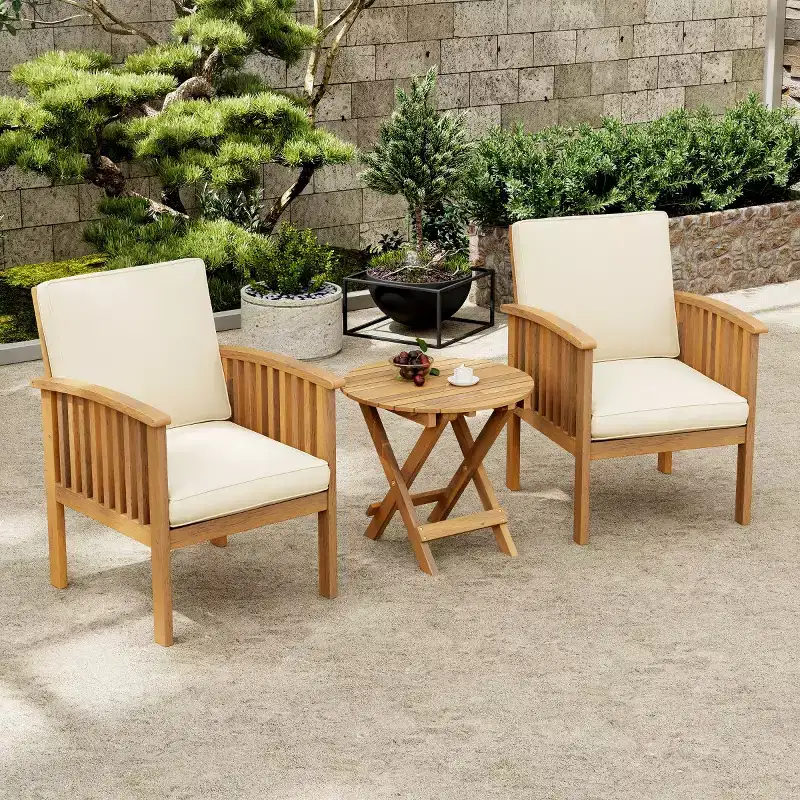 Modern Outdoor Small Space Chat Set, Acacia Wood Club Chairs with Foldable End Table for Garden, Deck & Backyard-Panipeachy