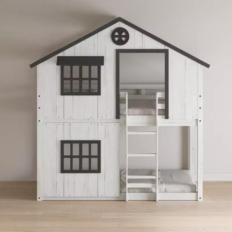 Child Craft Twin Over Twin House Bunk Bed for Kids, Low Wooden Montessori Bunk Bed, Easy Access Ladder to Top Bunk