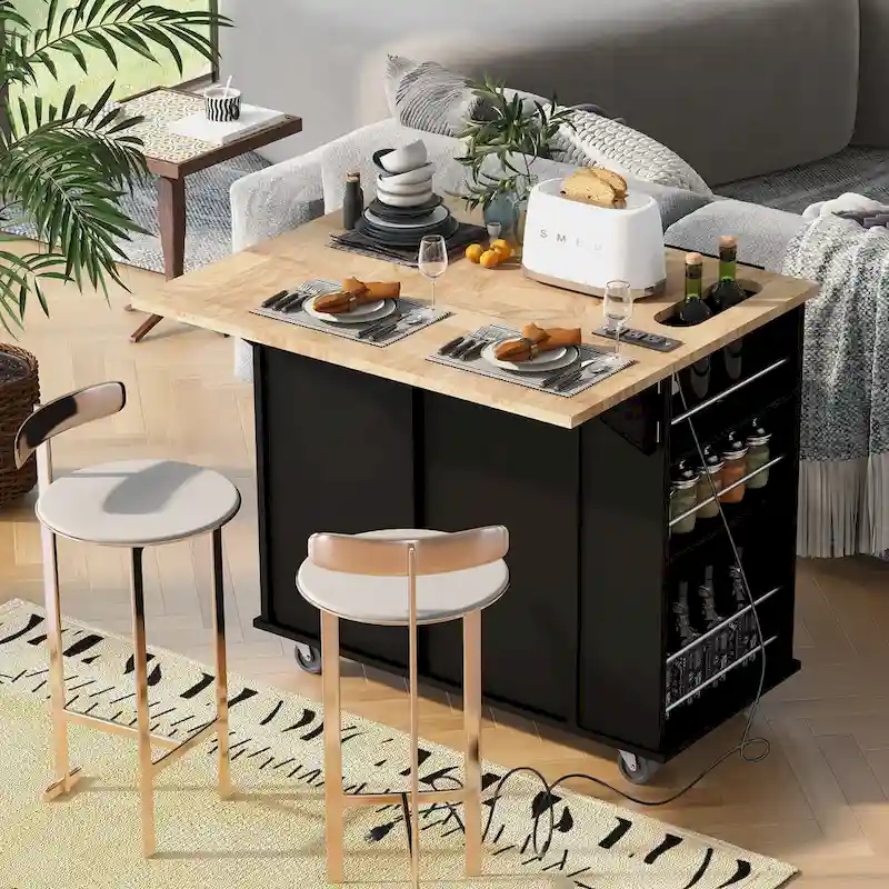 Adjustable Shelves Kitchen Island with Power Outlet and Drop Leaf